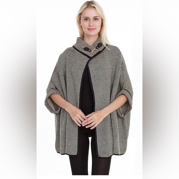 ❤️Janice Apparel Knit Wrap Middleton Toggle Turtleneck Cape Poncho Sweater - Picture 2 of 8